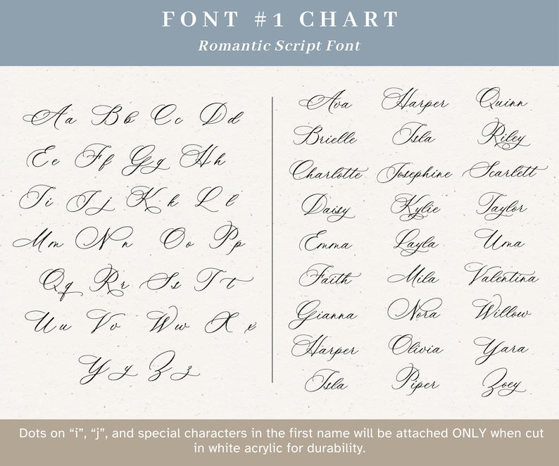 A font chart titled FONT #1 CHART Romantic Script Font displaying the full alphabet in uppercase and lowercase letters, followed by a list of names in the same script style, with a note about white acrylic durability at the bottom.