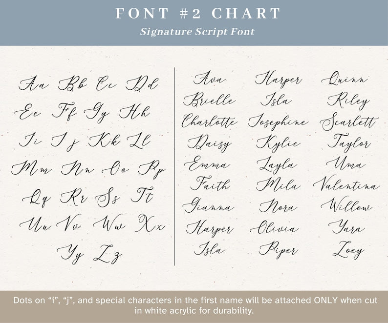 A font chart titled FONT #2 CHART Signature Script Font, displaying the full alphabet in uppercase and lowercase letters, followed by a list of names in the same script style, with a note about white acrylic cut durability.