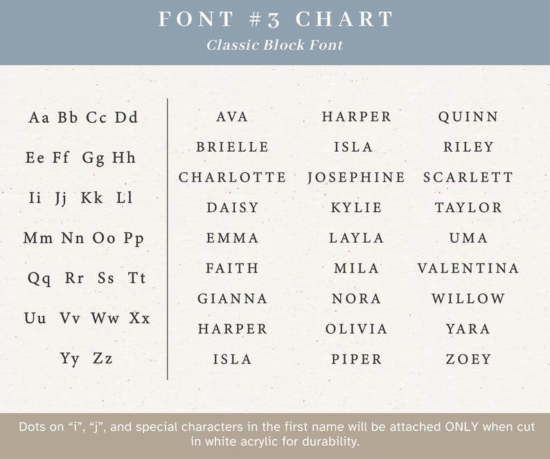 A font chart titled FONT #3 CHART Classic Block Font, displaying the alphabet in uppercase and lowercase letters, followed by a list of names from Ava to Zoey. A note at the bottom explains that dots on i and j are attached for durability.