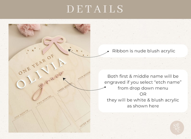 Ribbon bow photo board with personalized first and second names