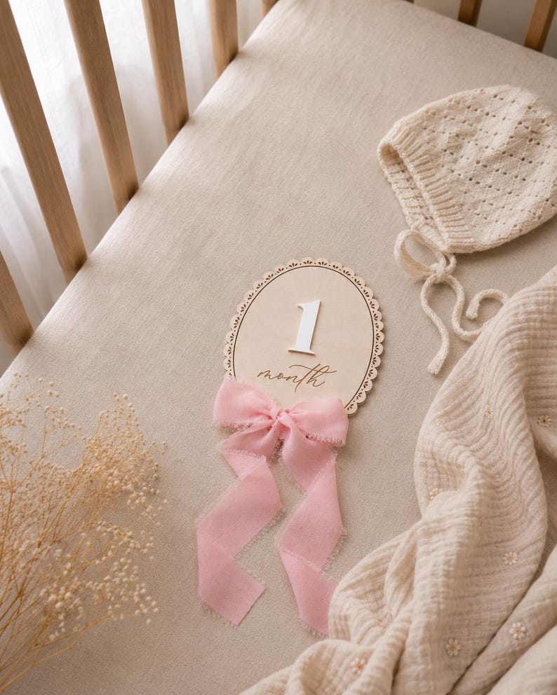 One-month lace milestone sign with pink ribbon