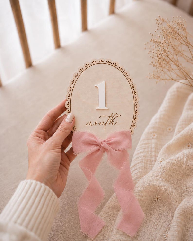 White acrylic number on lace-trimmed monthly sign