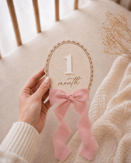 White acrylic number on lace-trimmed monthly sign