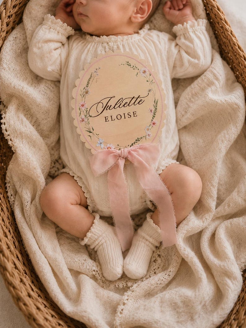 Floral wreath baby announcement sign with pink ribbon